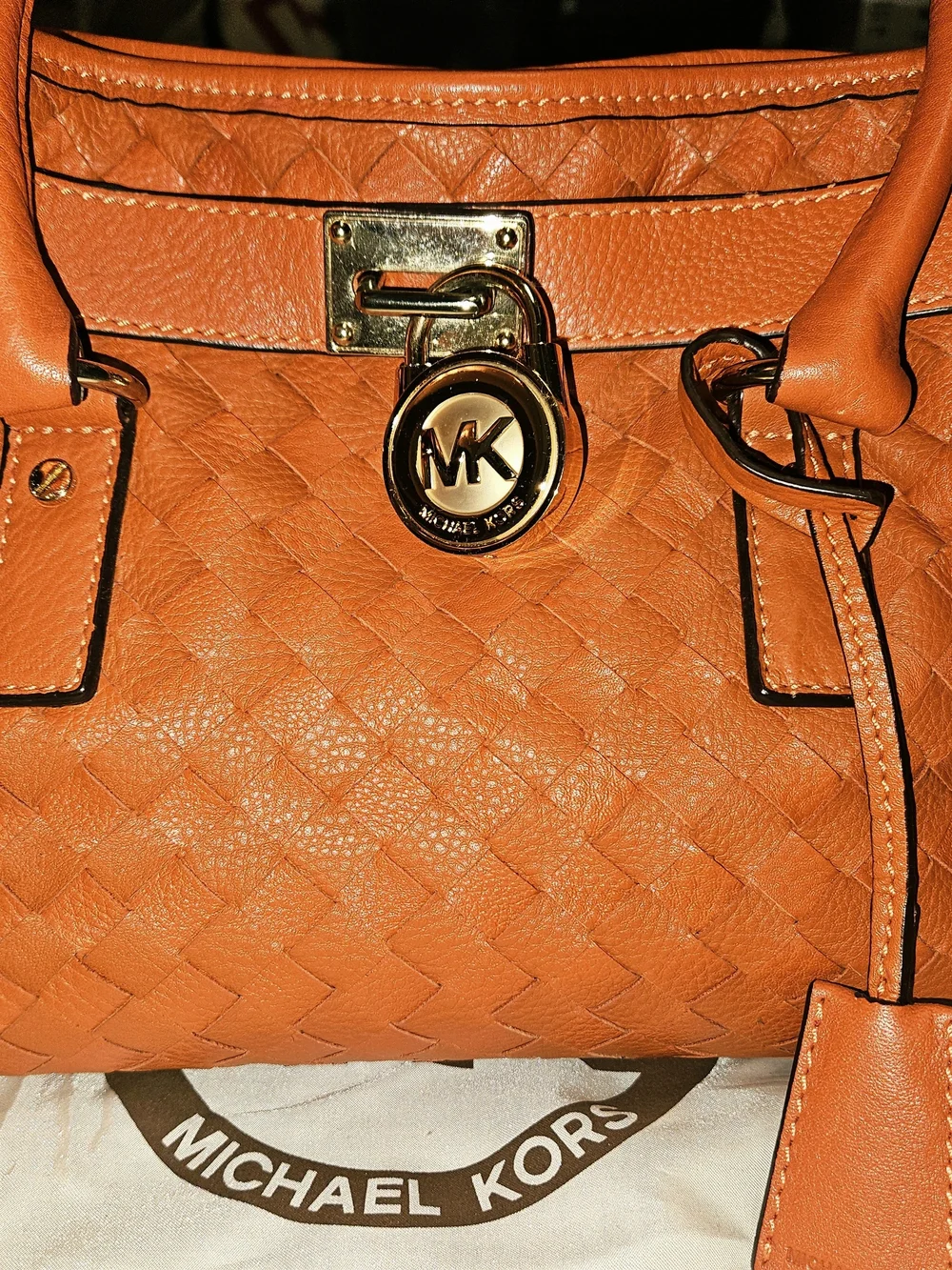 Michael Kors Hamilton Set, Burnt Orange Woven Leather Satchel/Crossbody/Coin Pur